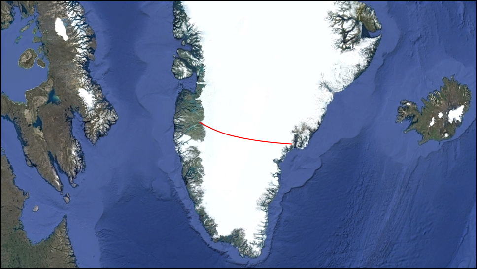 Satellite map of Greenland with a red line marking the west-to-east ski crossing route of the ice cap